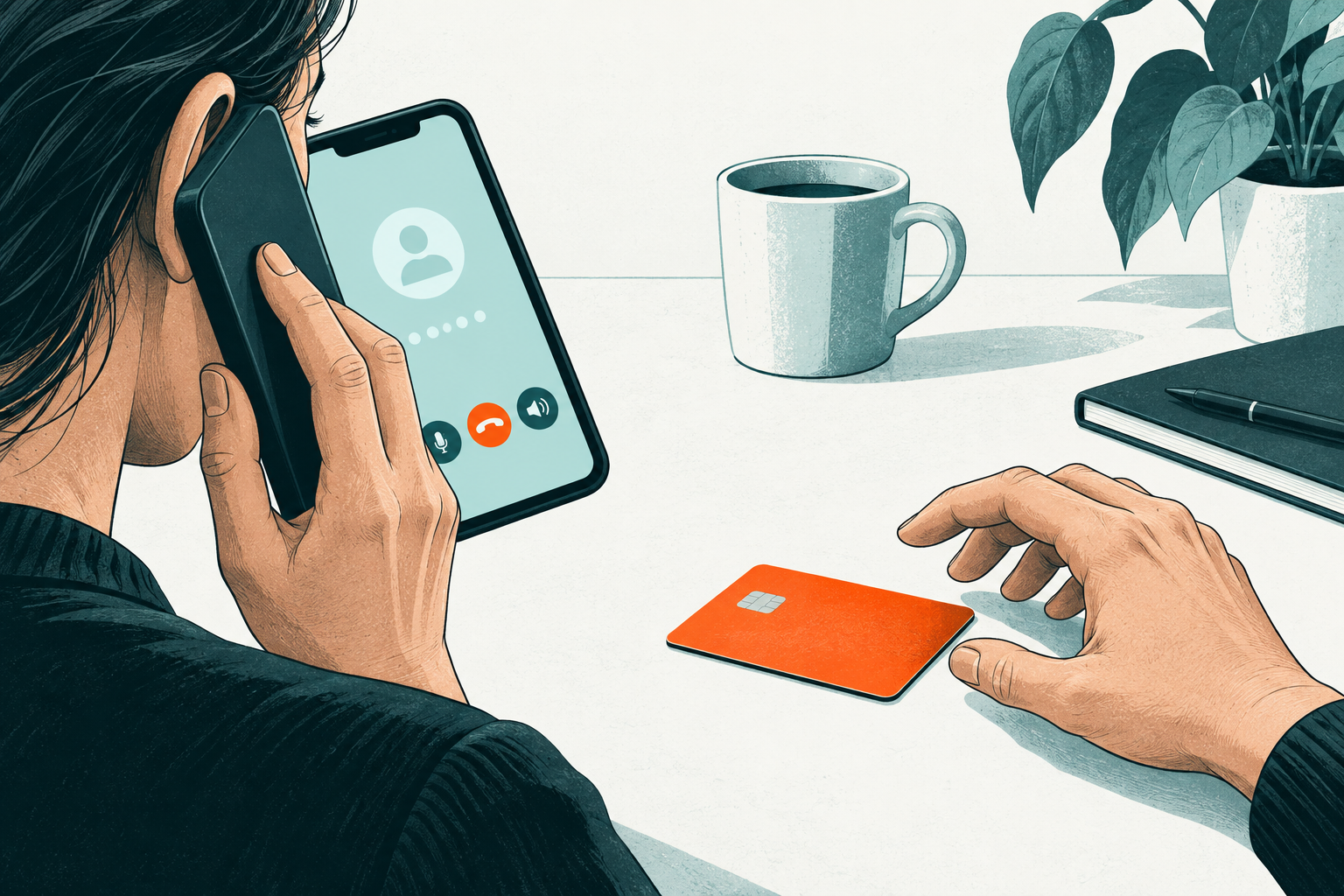 A phone and bank card on a desk