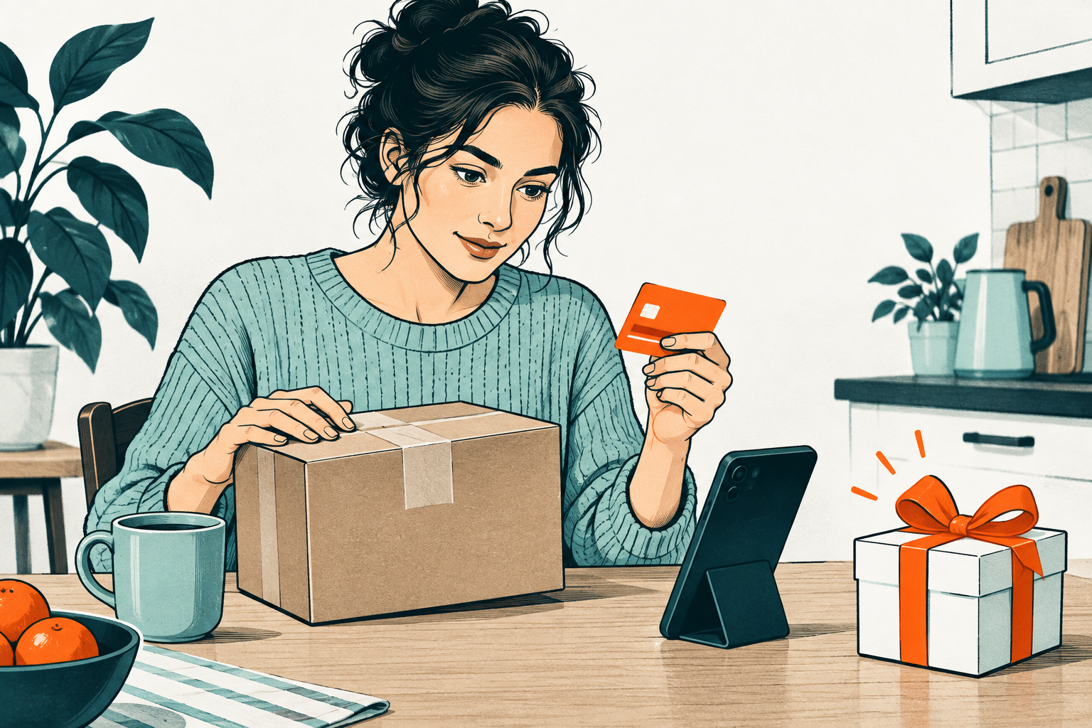 A parcel, gift and payment card on a table