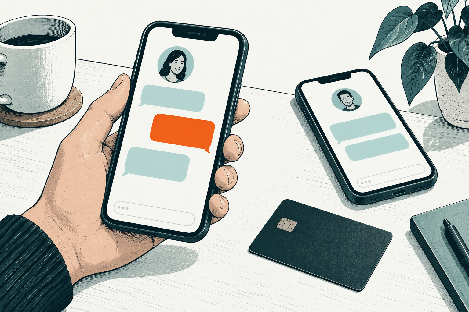 Phones exchanging messages beside a bank card