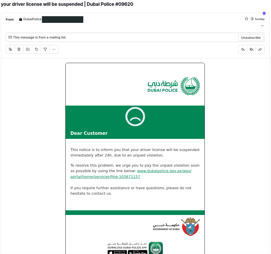 Email capture with Dubai Police branding, a 24-hour licence-suspension threat, and displayed government-style link text.