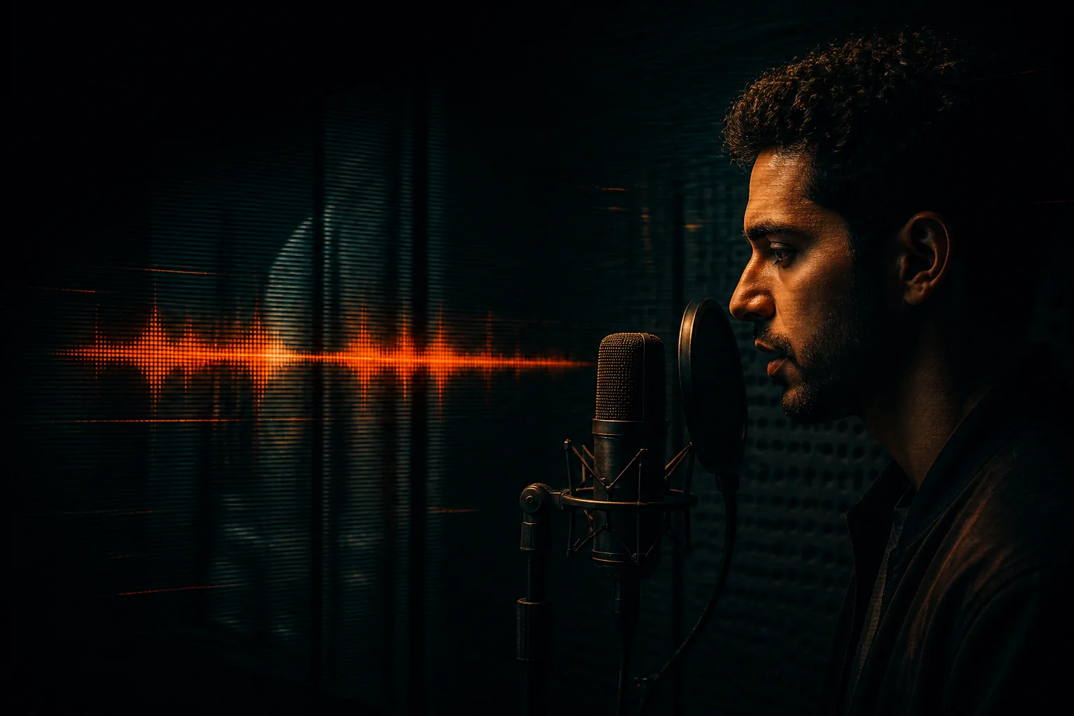 A fictional Arabic-speaking voice performer recording in a studio